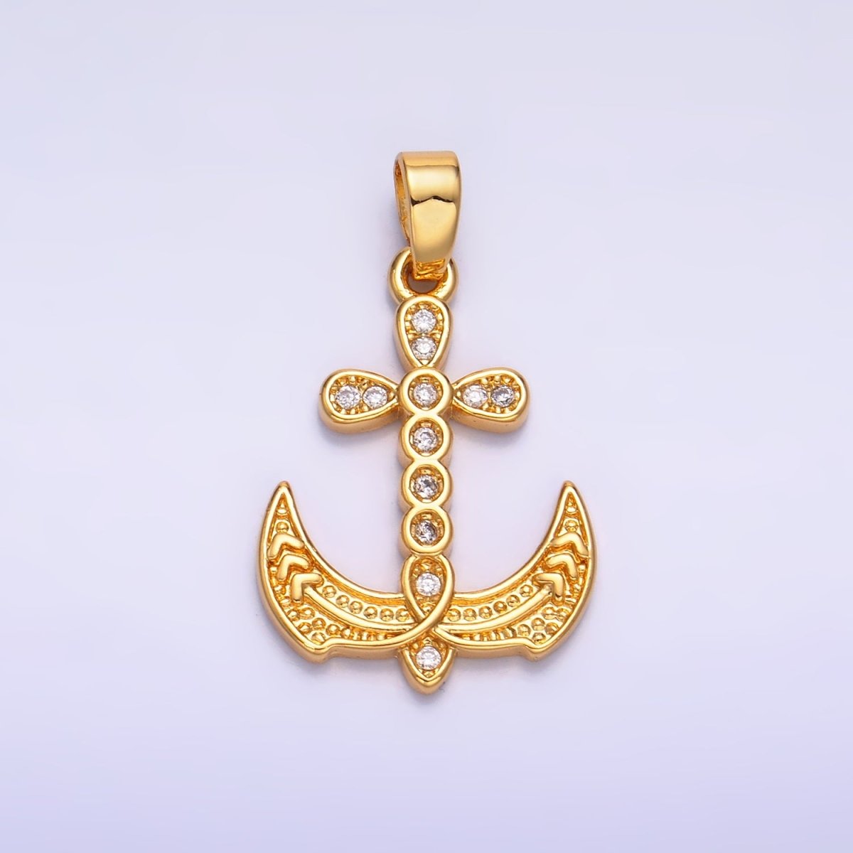 24K Gold Filled Micro Paved CZ Artisan Cross Anchor Pendant | AA1060