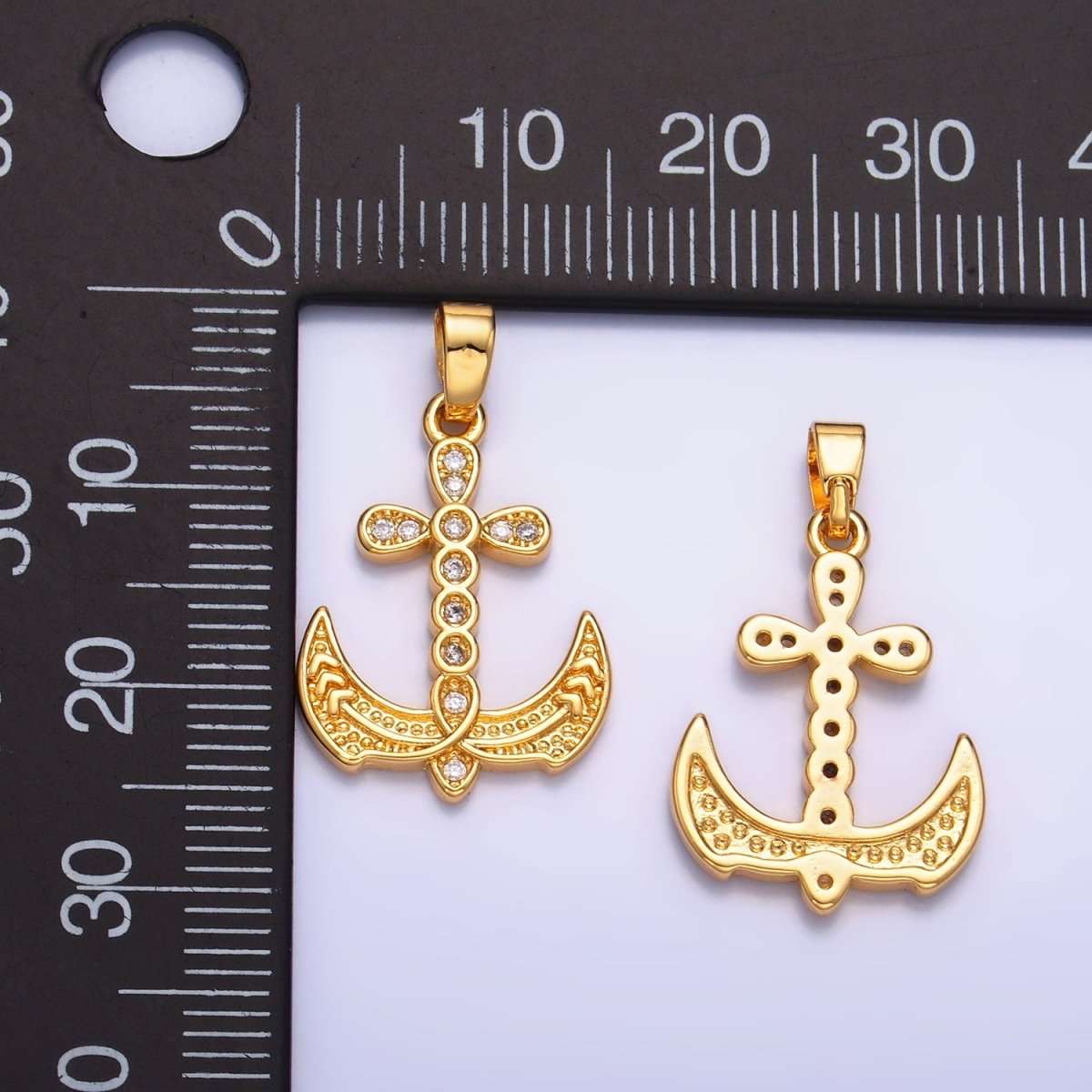 24K Gold Filled Micro Paved CZ Artisan Cross Anchor Pendant | AA1060