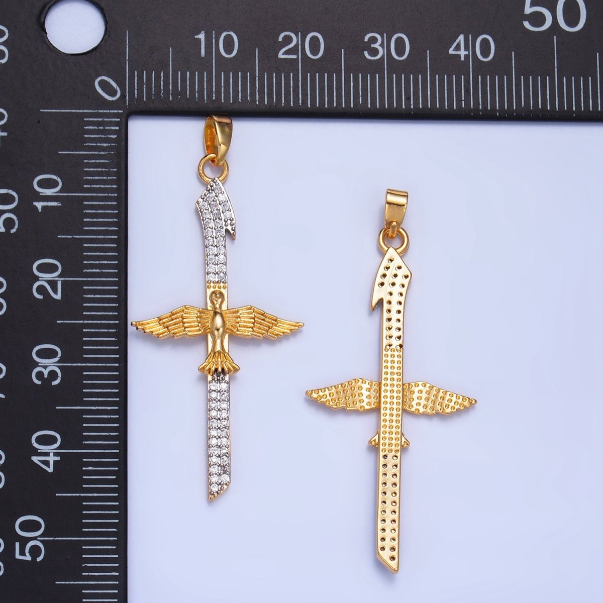 24K Gold Filled Micro Paved CZ Bird Cross Mixed Metal Pendant | AA1009