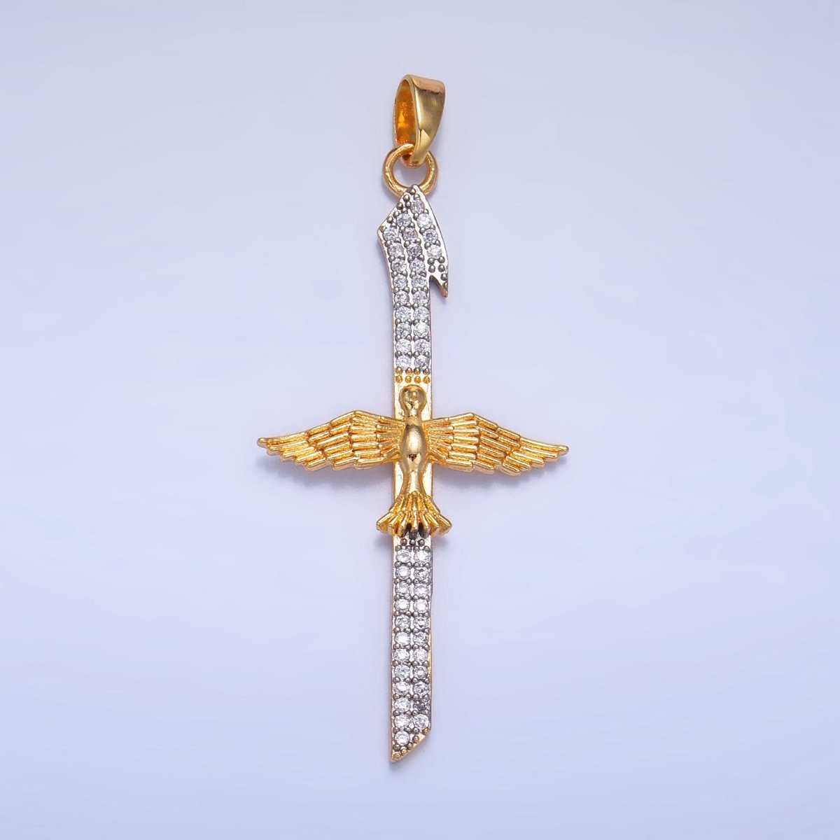 24K Gold Filled Micro Paved CZ Bird Cross Mixed Metal Pendant | AA1009