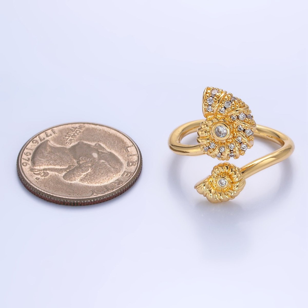 24K Gold Filled Micro Paved CZ Clam Shell Pearl Wrap Ring | U423