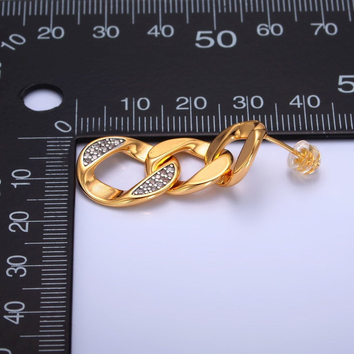 24K Gold Filled Micro Paved CZ Concave Curb Mixed Metal Stud Earrings | V329