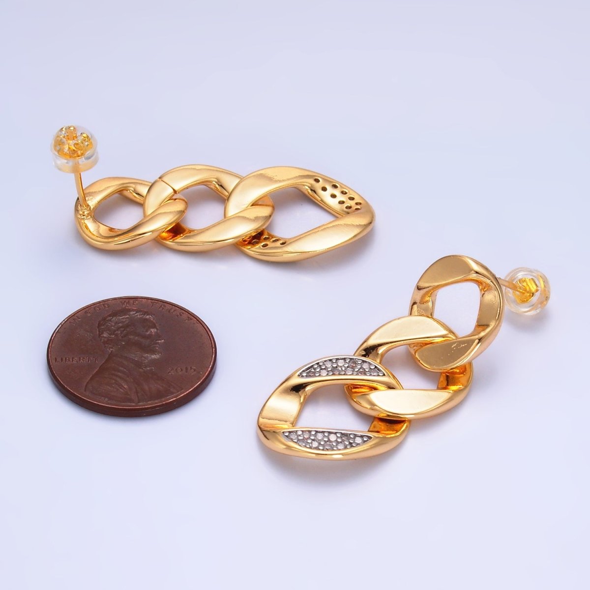 24K Gold Filled Micro Paved CZ Concave Curb Mixed Metal Stud Earrings | V329