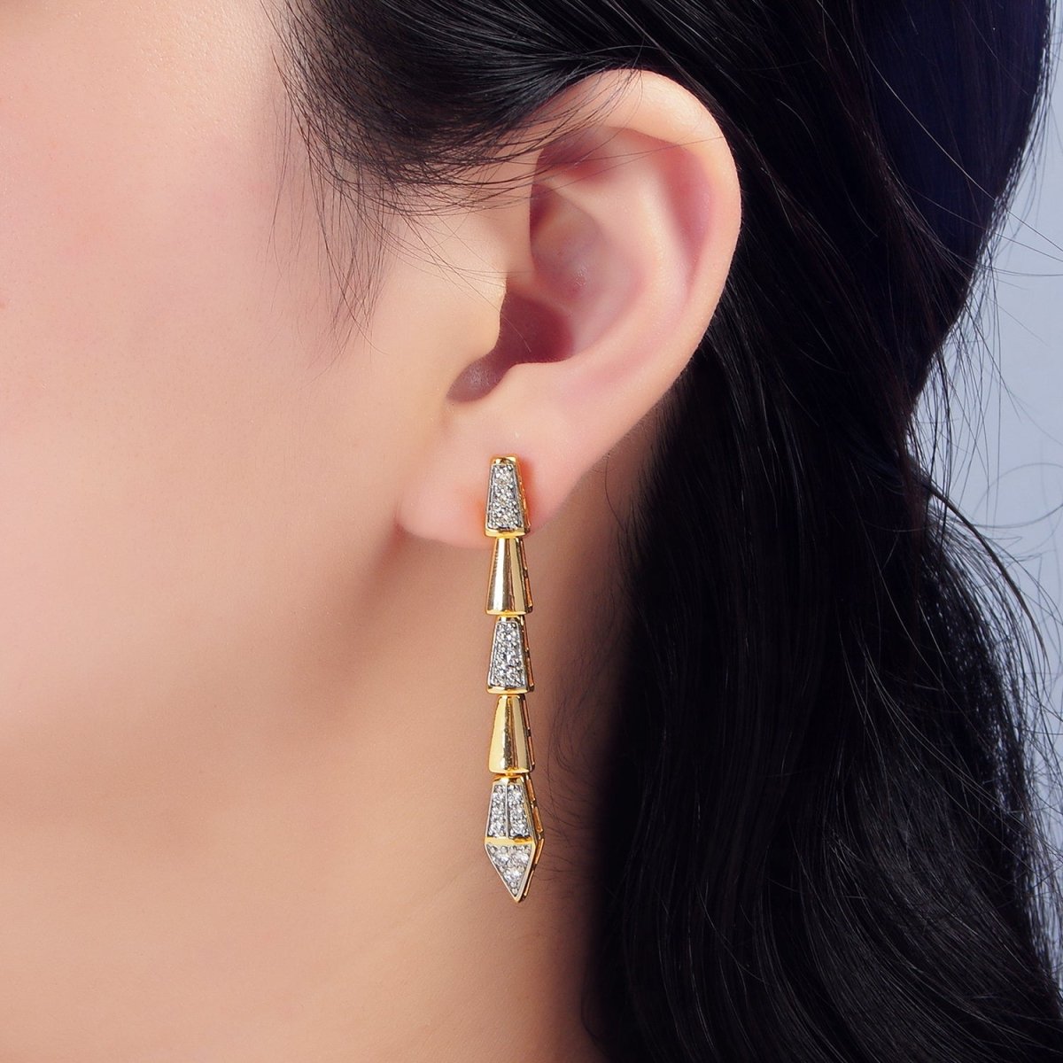 24K Gold Filled Micro Paved CZ Geometric Edged Linear Drop Stud Earrings | P020