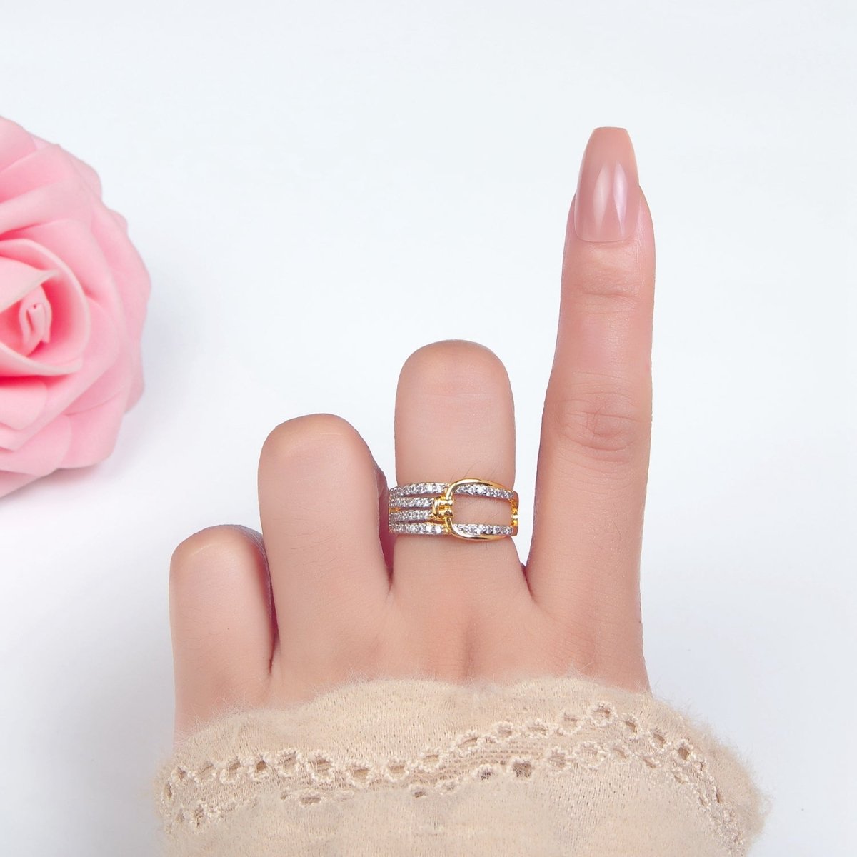 24K Gold Filled Micro Paved CZ Knuckle Band Mixed Metal Ring | O1428