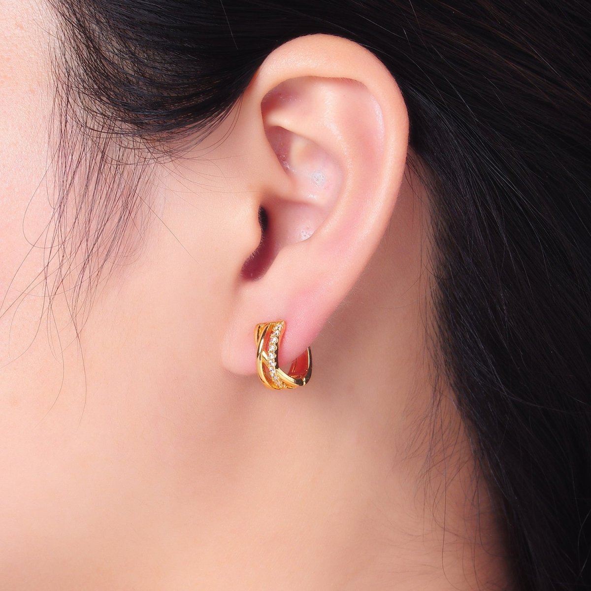 24K Gold Filled Micro Paved CZ Multiple Band Cartilage Huggie Earrings Set | P406