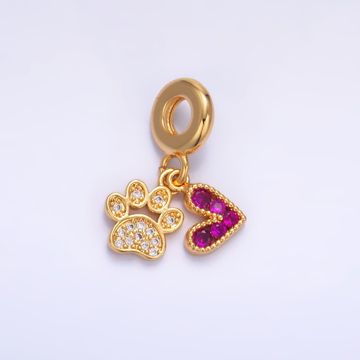 24K Gold Filled Micro Paved CZ Pink Heart Clear Pawprint Rhondelle Drop Pendant | W330