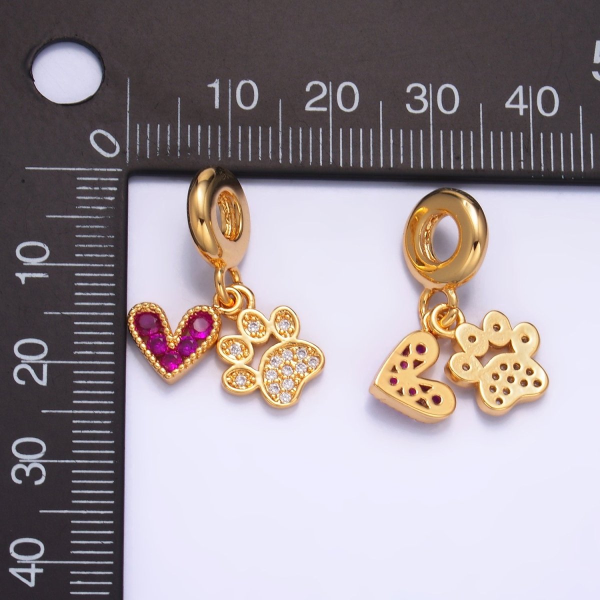 24K Gold Filled Micro Paved CZ Pink Heart Clear Pawprint Rhondelle Drop Pendant | W330