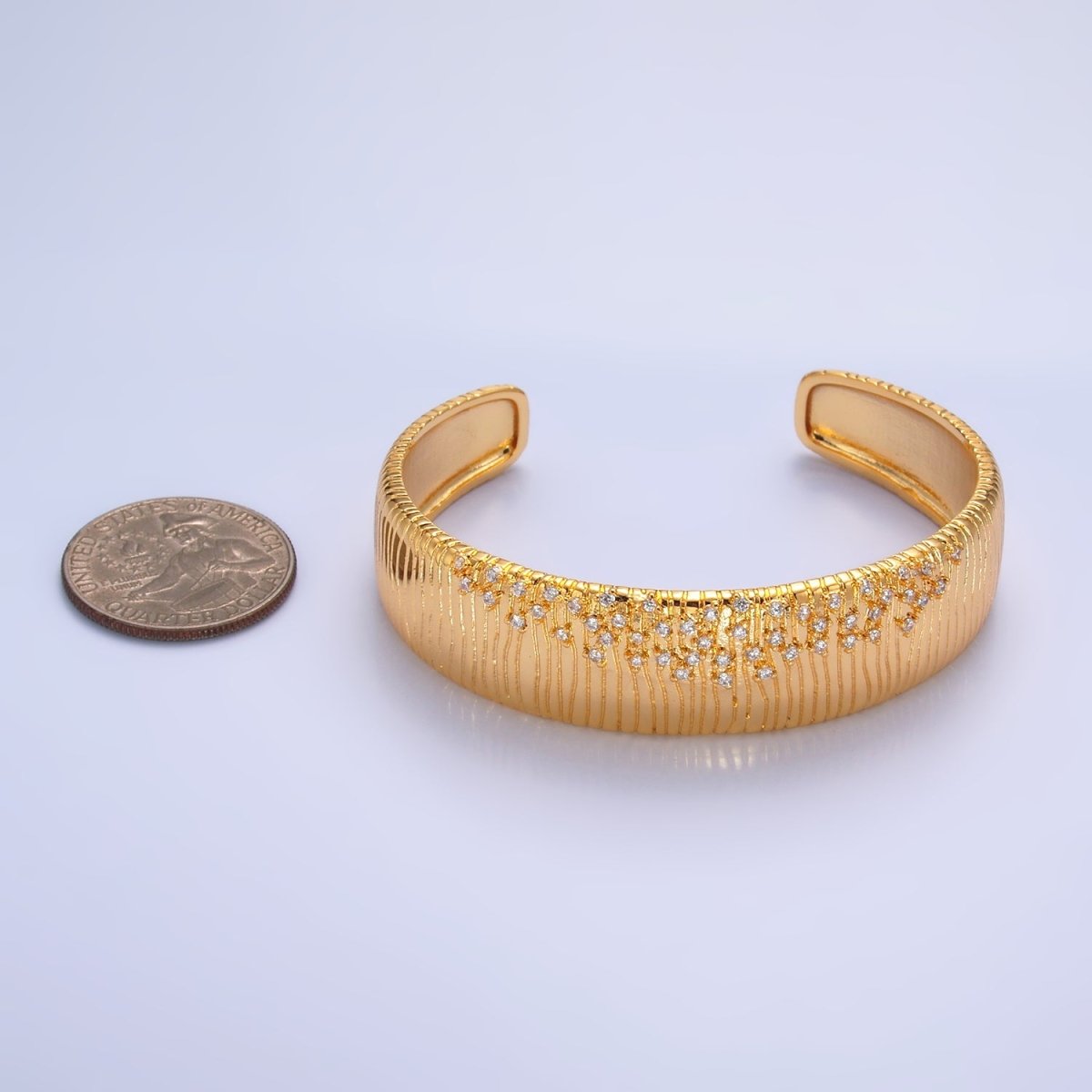 24K Gold Filled Micro Paved CZ Ribbed Cuff Bracelet | WA-2683