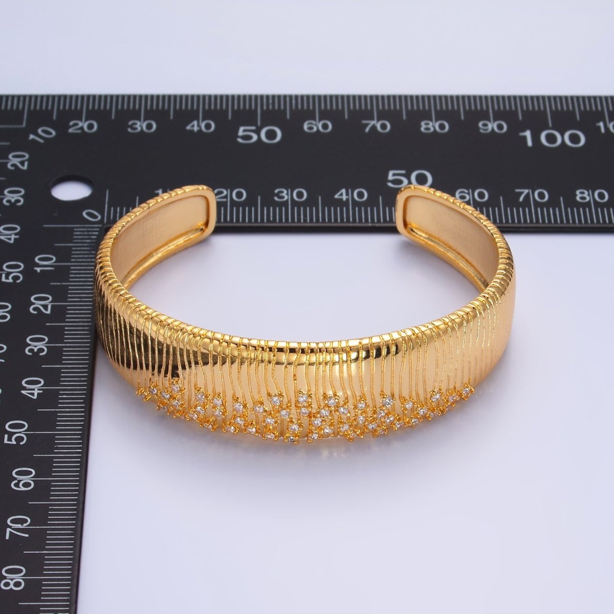 24K Gold Filled Micro Paved CZ Ribbed Cuff Bracelet | WA-2683