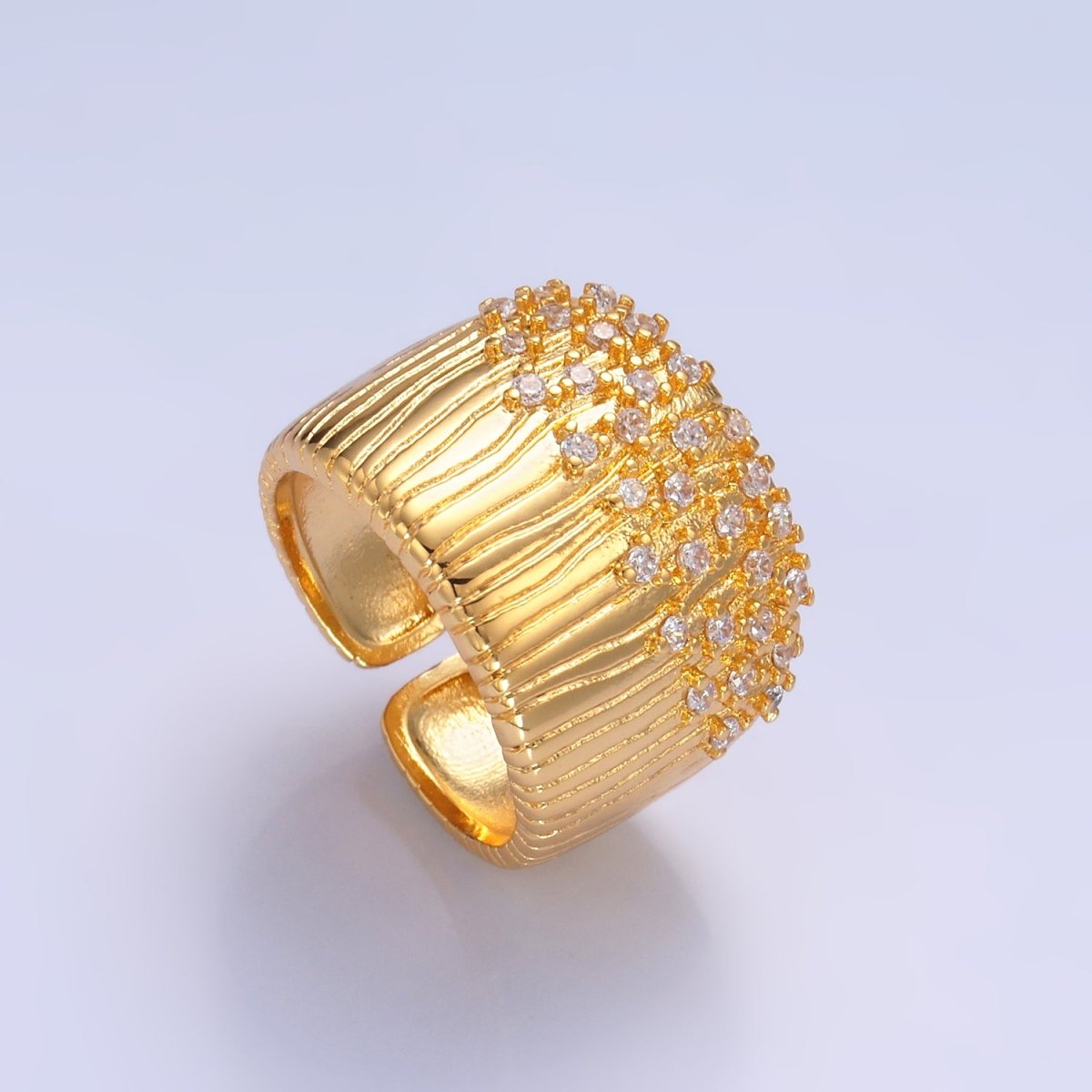 24K Gold Filled Micro Paved CZ Ribbed Cuff Ring | U424