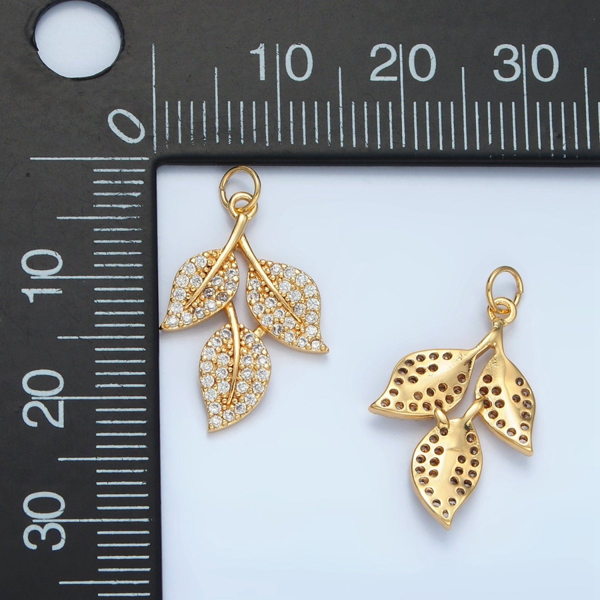 24K Gold Filled Micro Paved CZ Triple Leaf Plant Charm | W277