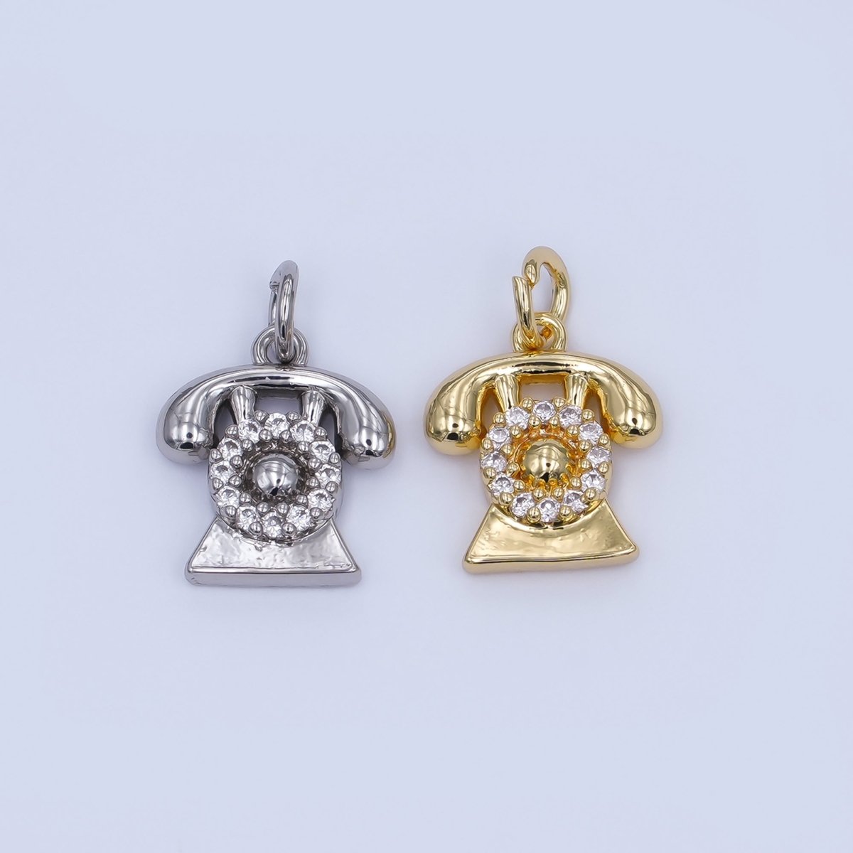 24K Gold Filled Micro Paved CZ Vintage Rotary Telephone Charm in Gold & Silver | W393 N971