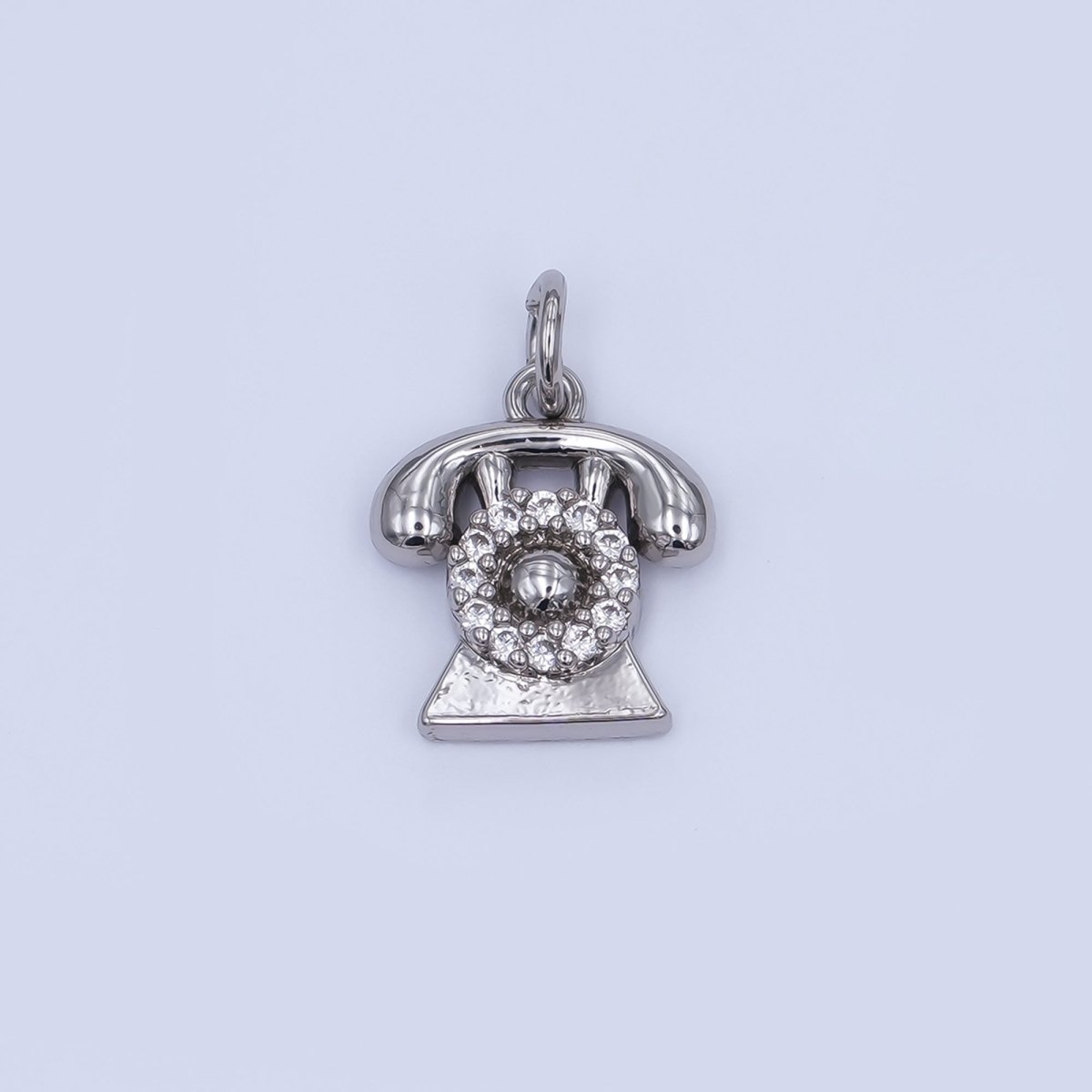 24K Gold Filled Micro Paved CZ Vintage Rotary Telephone Charm in Gold & Silver | W393 N971