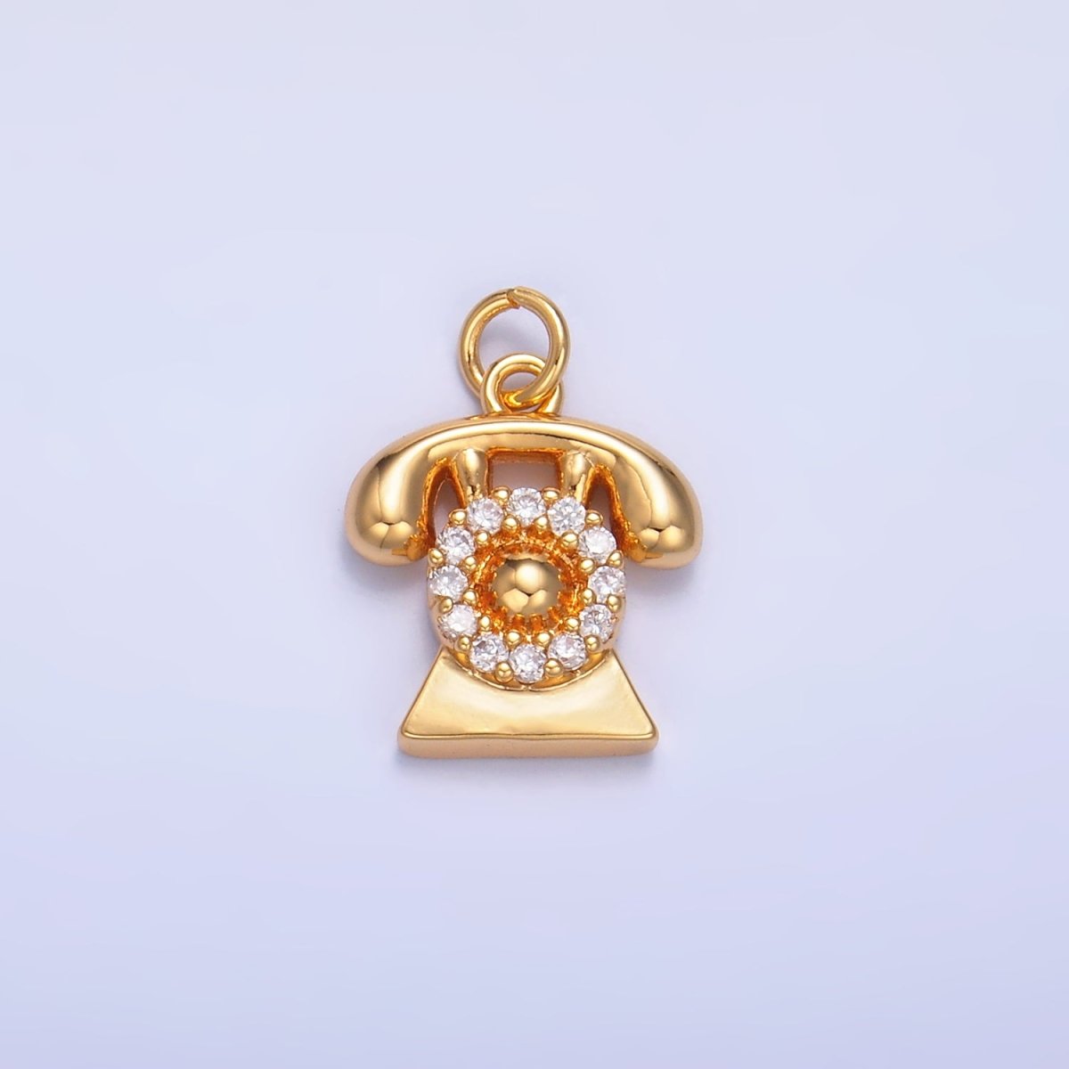24K Gold Filled Micro Paved CZ Vintage Rotary Telephone Charm in Gold & Silver | W393 N971
