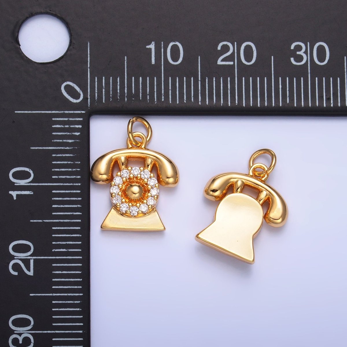 24K Gold Filled Micro Paved CZ Vintage Rotary Telephone Charm in Gold & Silver | W393 N971