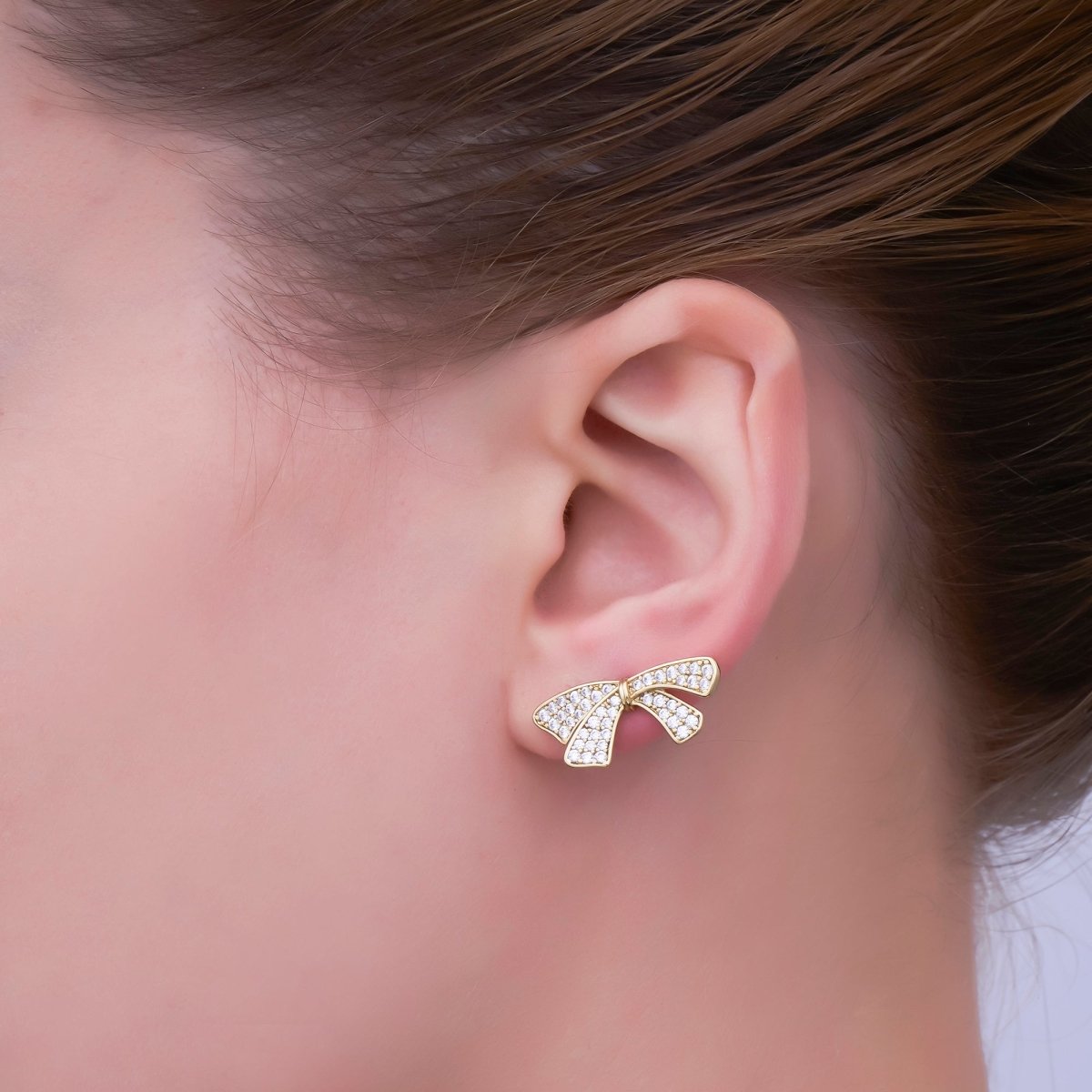 24K Gold Filled Micro Paved Ribbon Bow Stud Earrings | T063