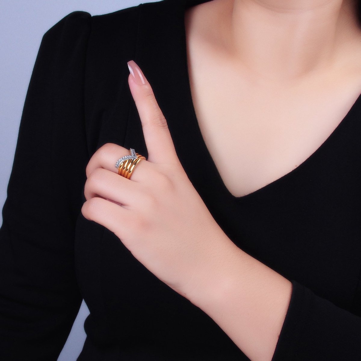 SJ | 24K Gold Filled Mixed Metal Micro Paved CZ Chevron Multiple Band Ring | U388