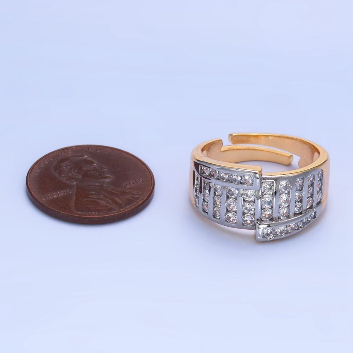 24K Gold Filled Mixed Metal Micro Paved CZ Geometric Wide Band Signet Ring | U397