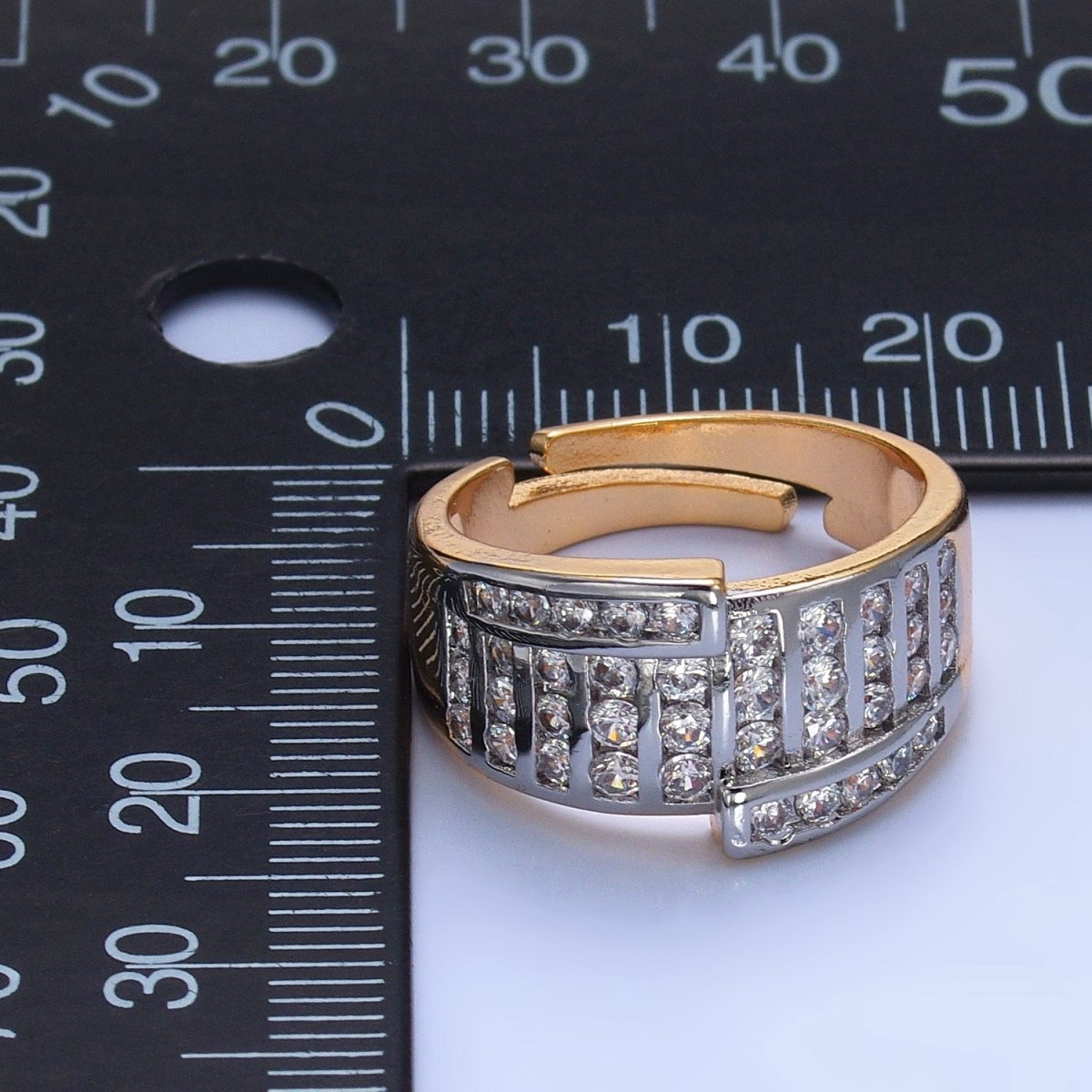 24K Gold Filled Mixed Metal Micro Paved CZ Geometric Wide Band Signet Ring | U397