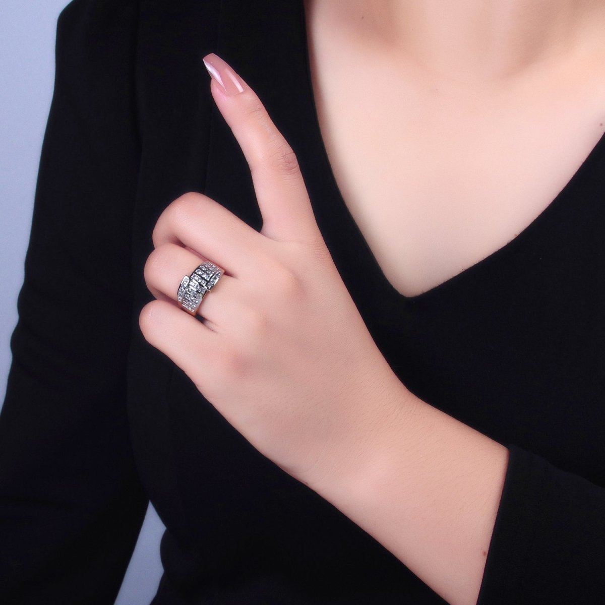 24K Gold Filled Mixed Metal Micro Paved CZ Geometric Wide Band Signet Ring | U397