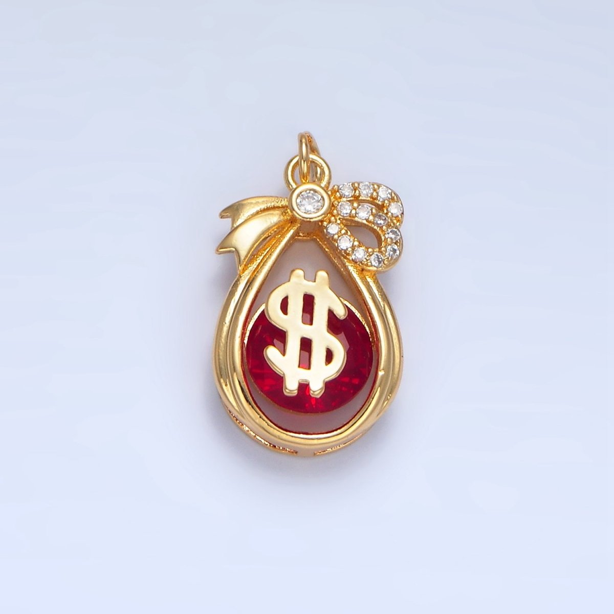 24K Gold Filled Money Bag Dollar Red CZ Micro Paved Open Teardrop Charm | W083