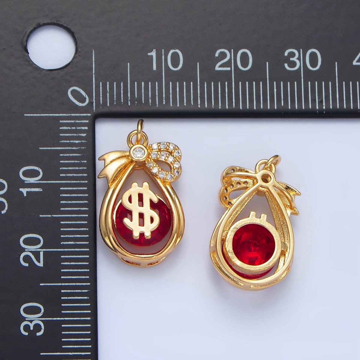 24K Gold Filled Money Bag Dollar Red CZ Micro Paved Open Teardrop Charm | W083