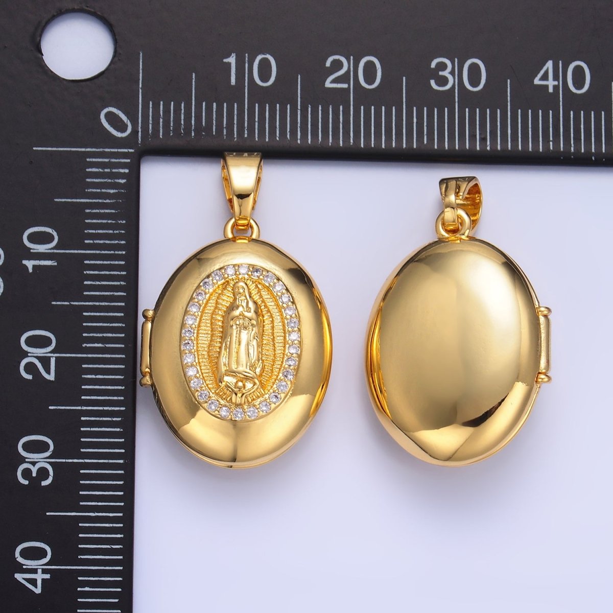 24K Gold Filled Mother Virgin Mary Micro Paved CZ Oval Locket Pendant | AA1086