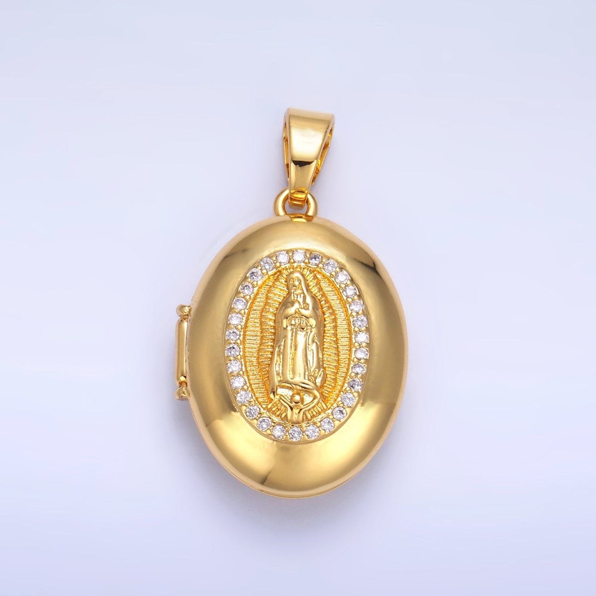 24K Gold Filled Mother Virgin Mary Micro Paved CZ Oval Locket Pendant | AA1086