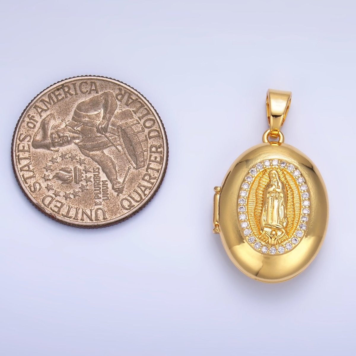 24K Gold Filled Mother Virgin Mary Micro Paved CZ Oval Locket Pendant | AA1086