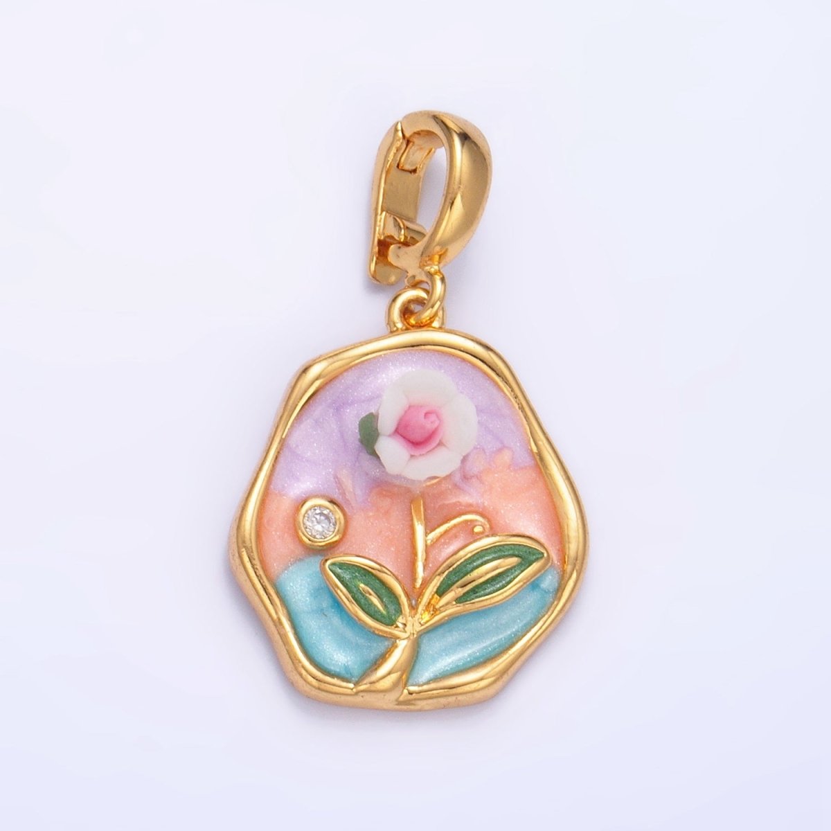 24K Gold Filled Multicolor Enamel Pastel Flower Stamped Snap Latch Bail Pendant | AA1020