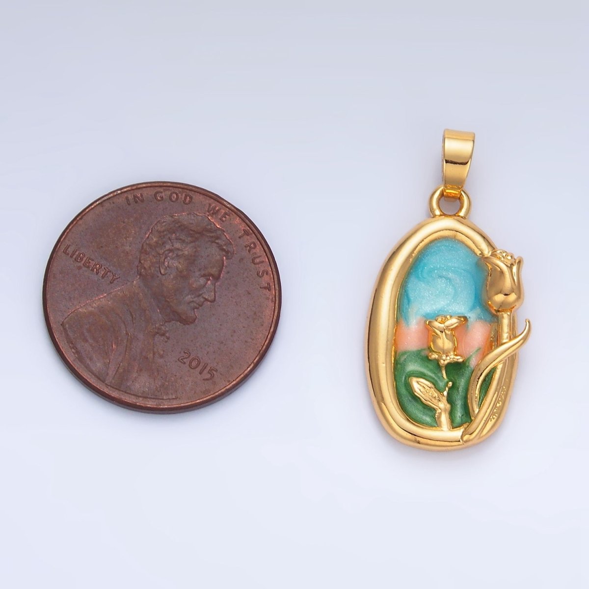 24K Gold Filled Multicolor Enamel Rose Floral Stamped Pendant | AA988