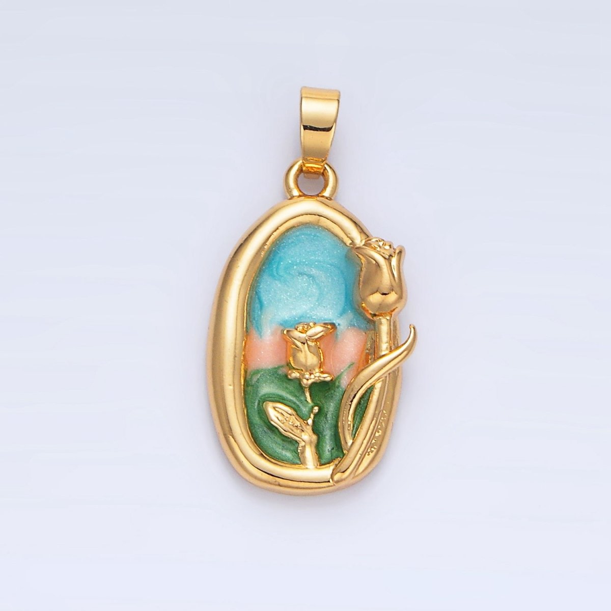 24K Gold Filled Multicolor Enamel Rose Floral Stamped Pendant | AA988