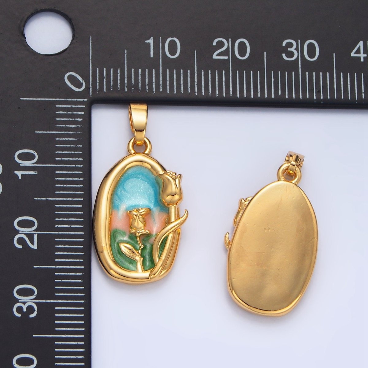 24K Gold Filled Multicolor Enamel Rose Floral Stamped Pendant | AA988