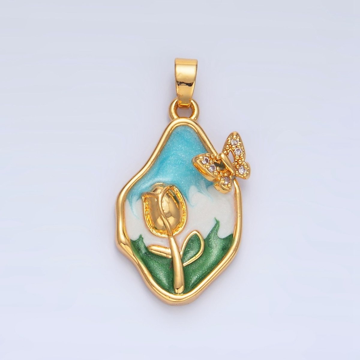 24K Gold Filled Multicolor Enamel Tulip Butterfly Micro Paved CZ Nature Pendant | AA799