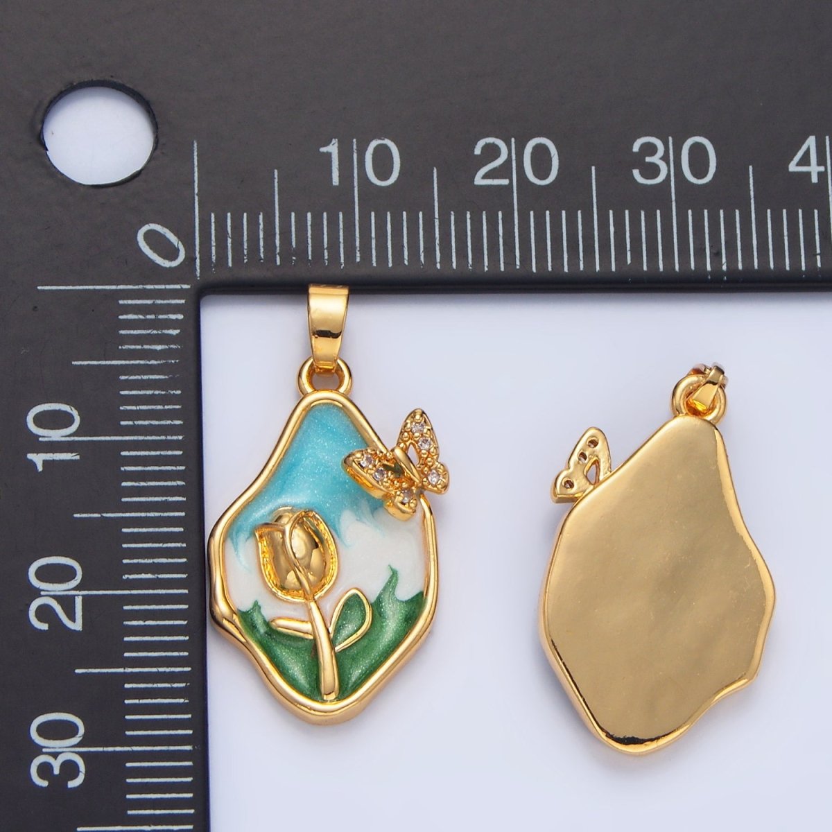24K Gold Filled Multicolor Enamel Tulip Butterfly Micro Paved CZ Nature Pendant | AA799