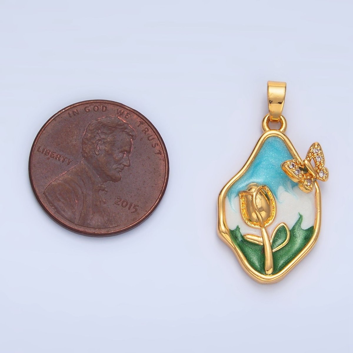 24K Gold Filled Multicolor Enamel Tulip Butterfly Micro Paved CZ Nature Pendant | AA799