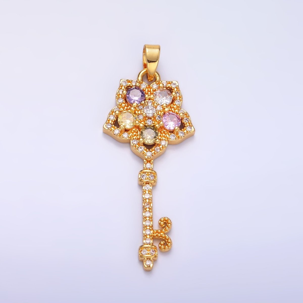 24K Gold Filled Multicolor Micro Paved CZ Flower Fleur Key Pendant | AA779