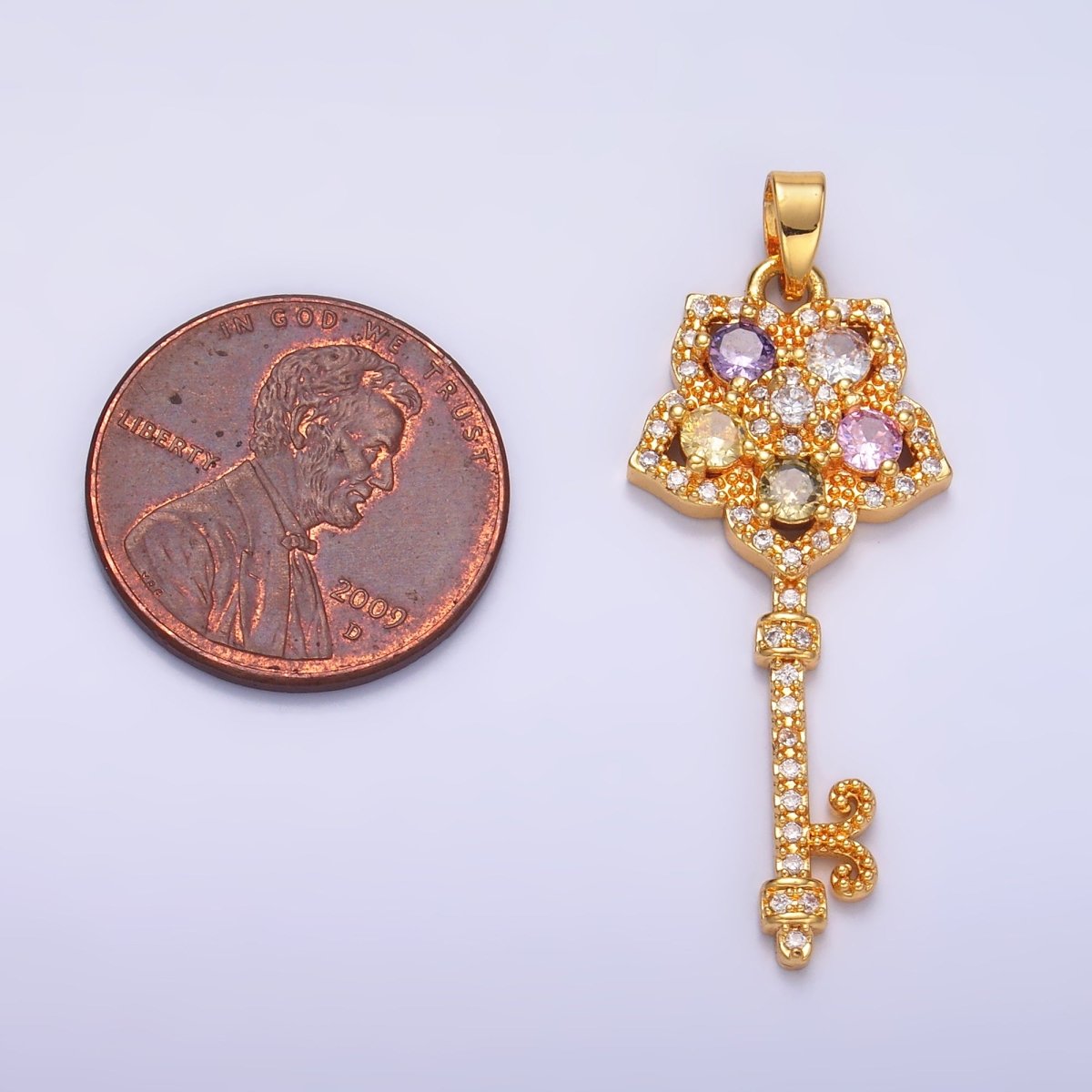 24K Gold Filled Multicolor Micro Paved CZ Flower Fleur Key Pendant | AA779