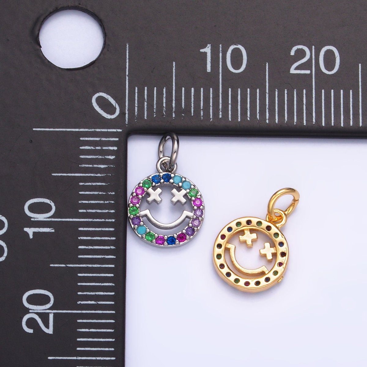 24K Gold Filled Multicolor Micro Paved CZ Smiley Face Charm in Gold & Silver | W867