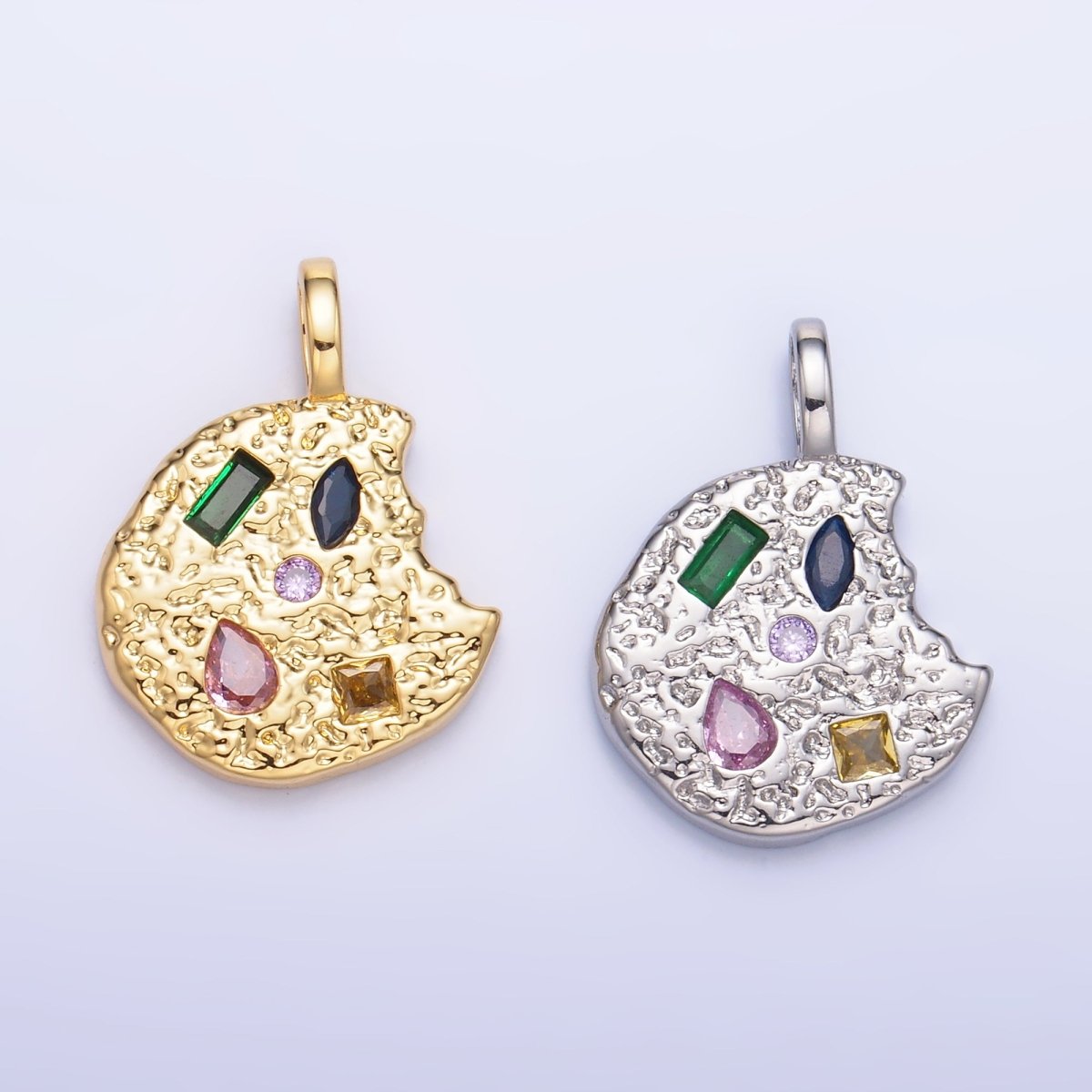 24K Gold Filled Multicolored CZ Textured Cookie Charm in Gold & Silver | AA1092