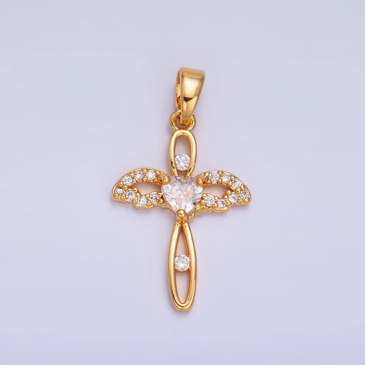 24K Gold Filled Open Heart Wings Micro Paved CZ Cross Pendant | AA1074
