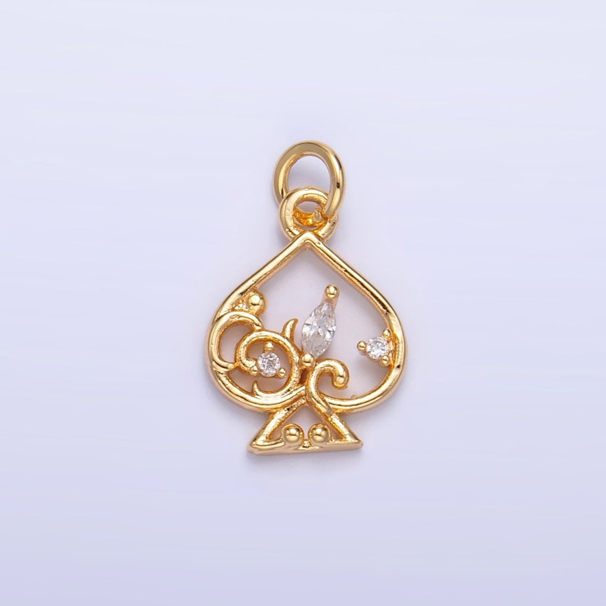 24K Gold Filled Open Marquise CZ Artisan Spade Card Charm | W209