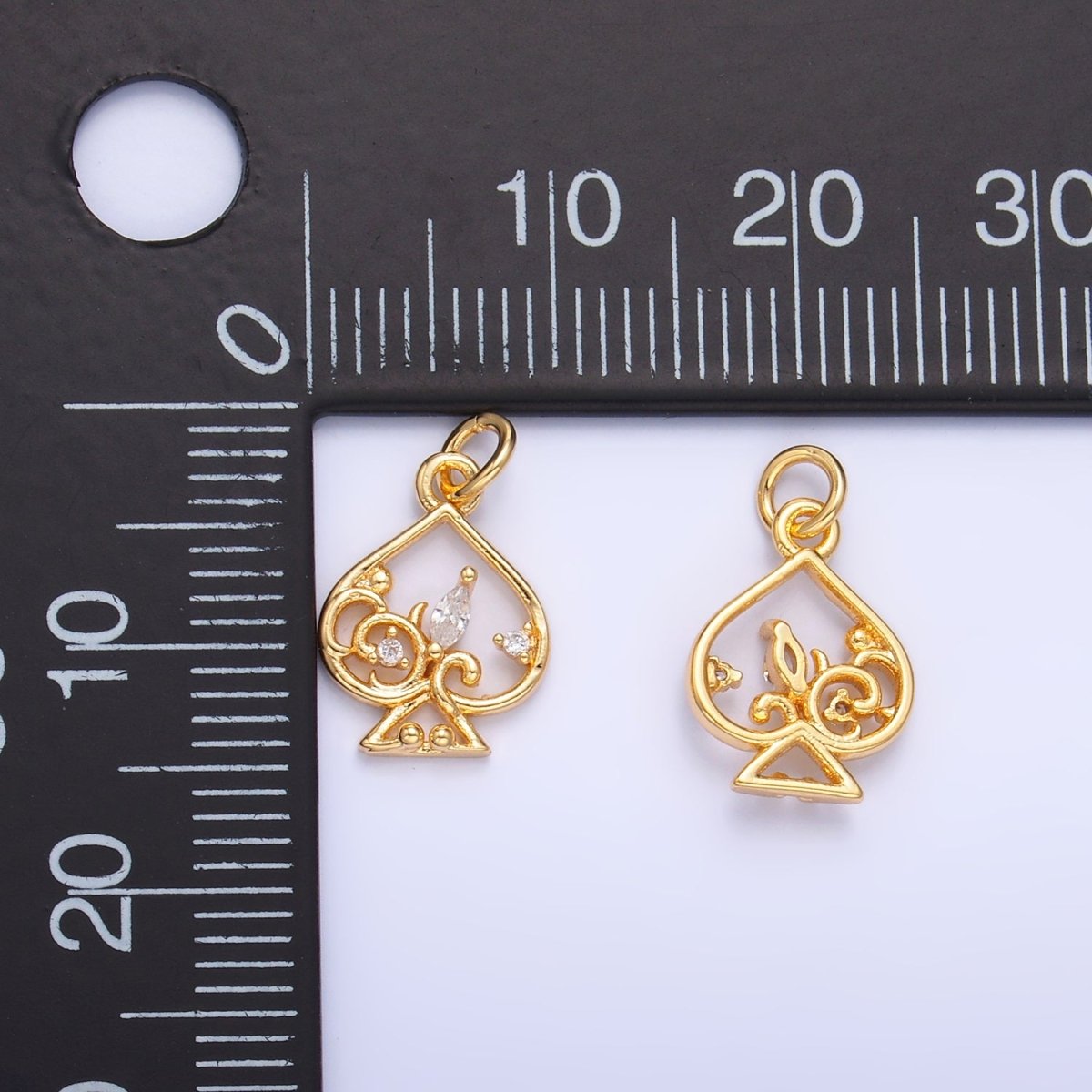 24K Gold Filled Open Marquise CZ Artisan Spade Card Charm | W209