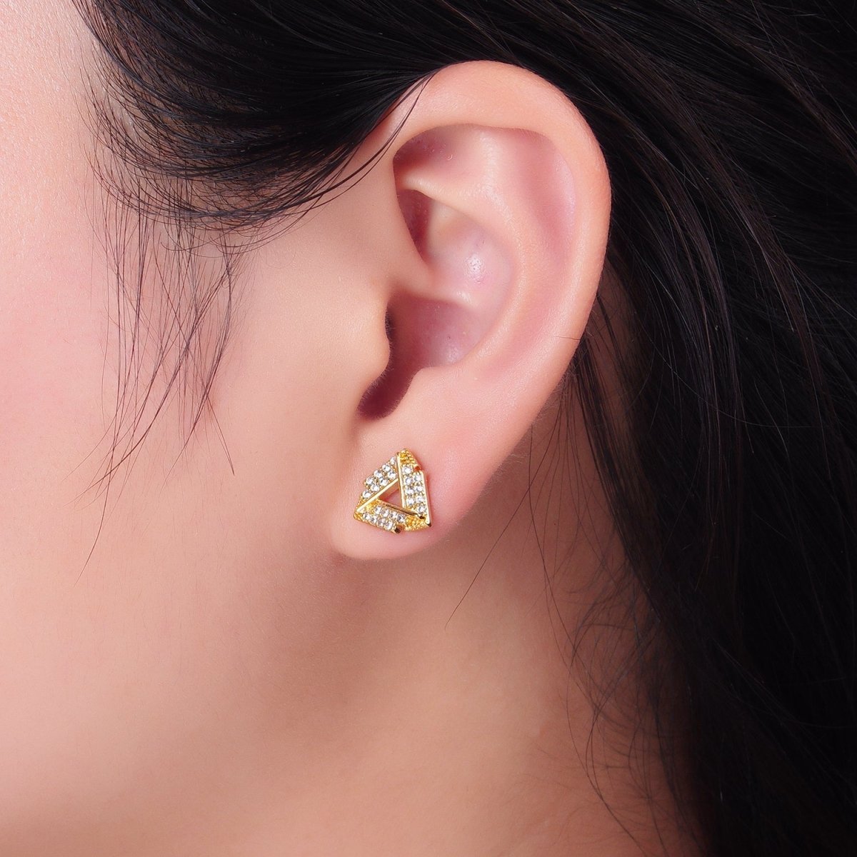 24K Gold Filled Open Micro Paved CZ Triangle Stud Earrings | P355