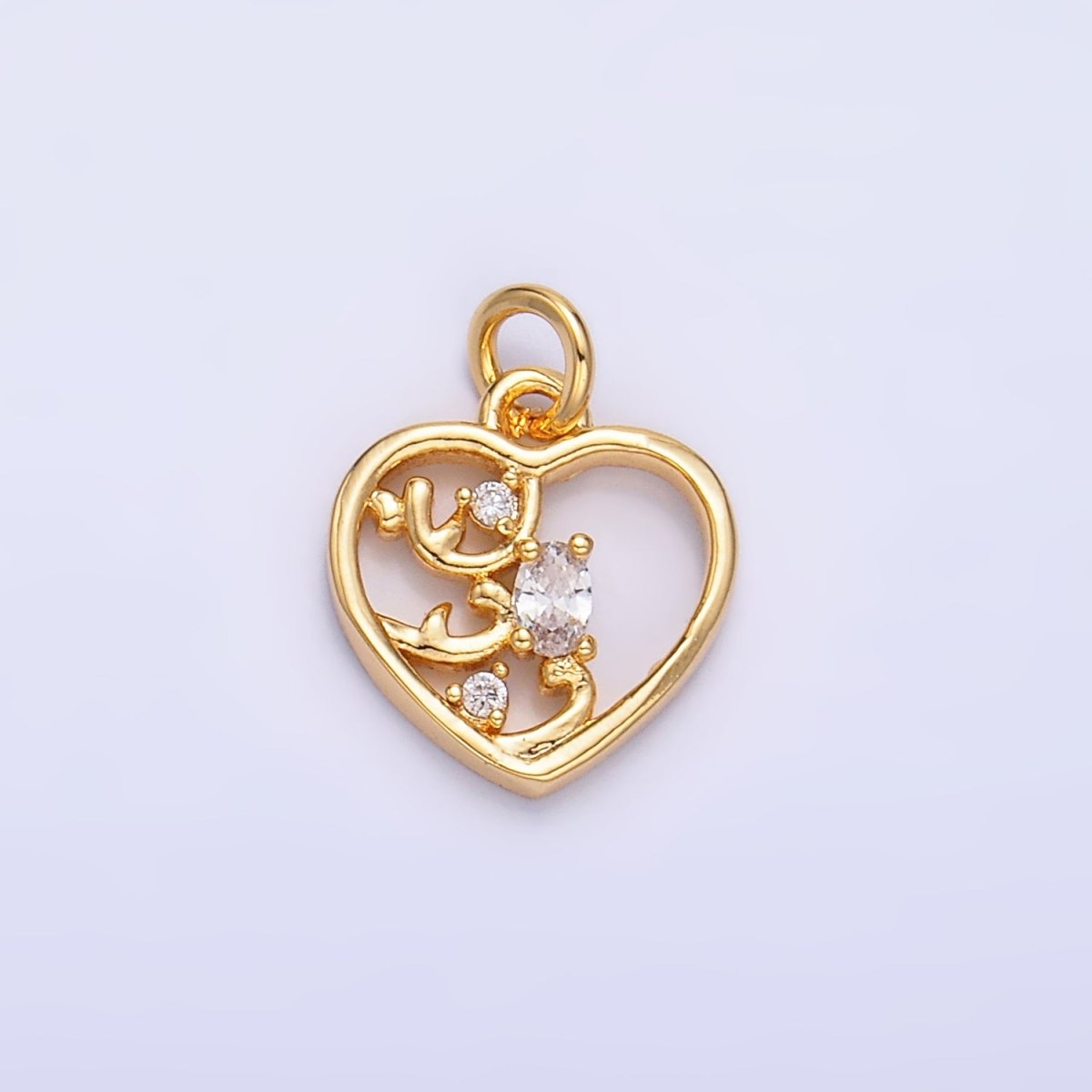 24K Gold Filled Open Oval CZ Artisan Heart Card Charm | W212
