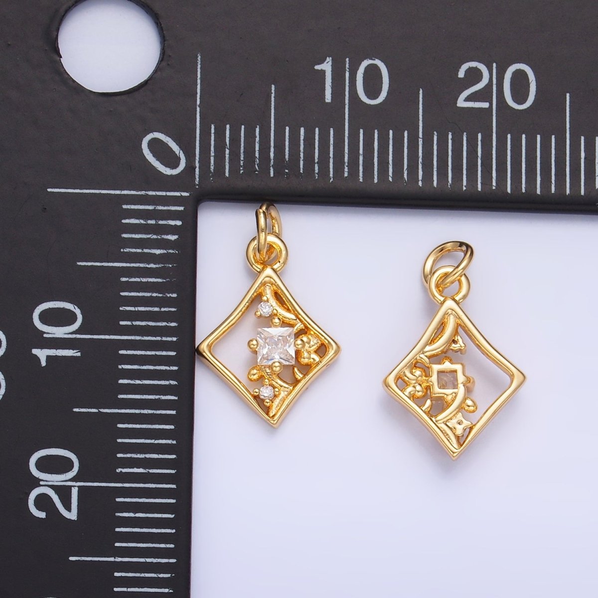 24K Gold Filled Open Rhombus CZ Artisan Diamond Card Charm | W211