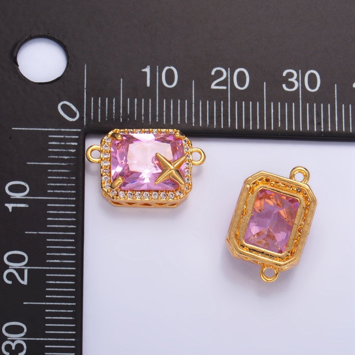 24K Gold Filled Pink Baguette Micro Paved CZ Celestial Star Connector | F732
