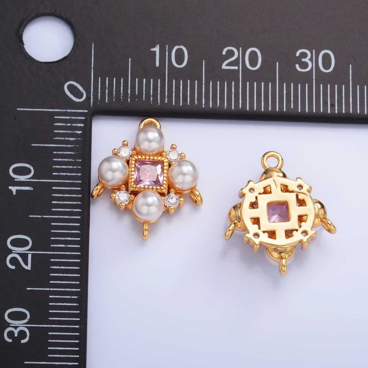 24K Gold Filled Pink CZ Shell Pearl Geometric Connector | Y001