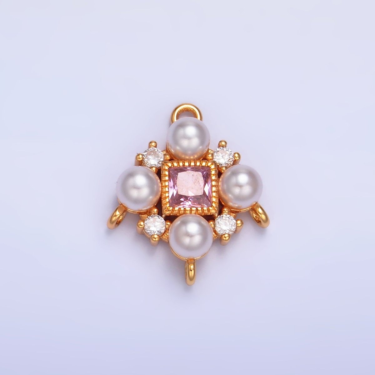 24K Gold Filled Pink CZ Shell Pearl Geometric Connector | Y001